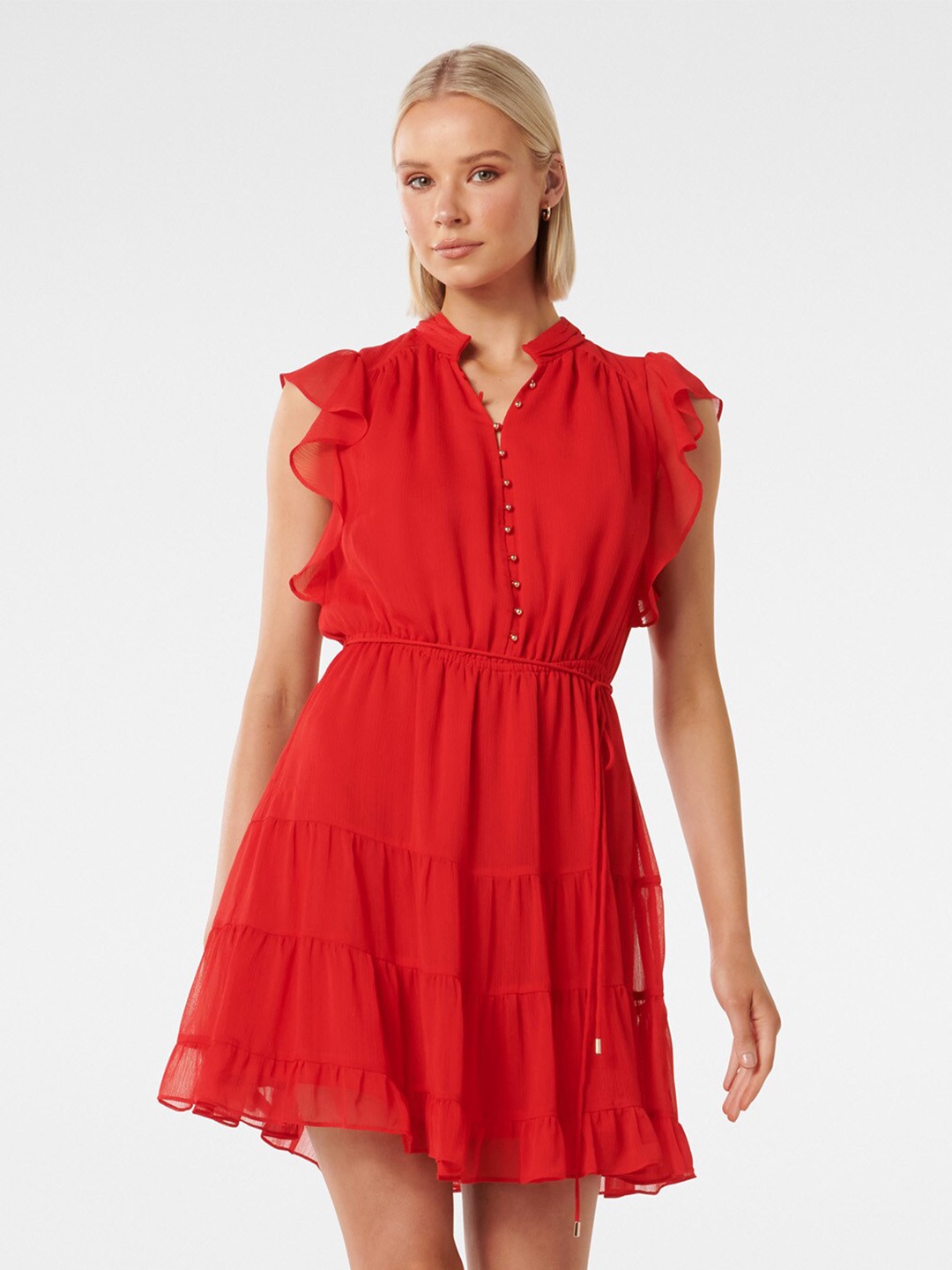 

Forever New Mandarin Collar Ruffles Fit & Flare Mini Dress, Red
