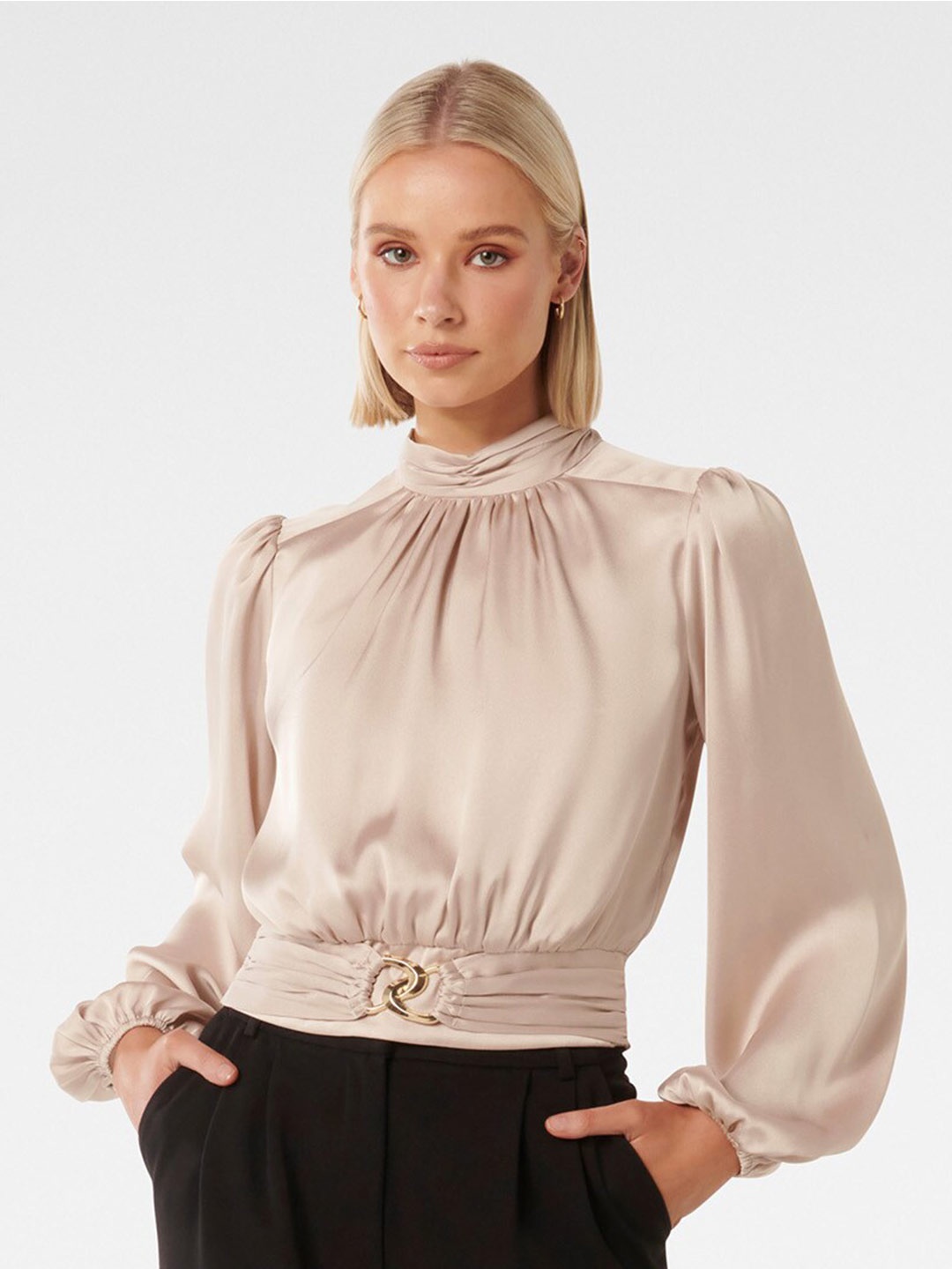 

Forever New High Neck Puff Sleeves Top, Peach