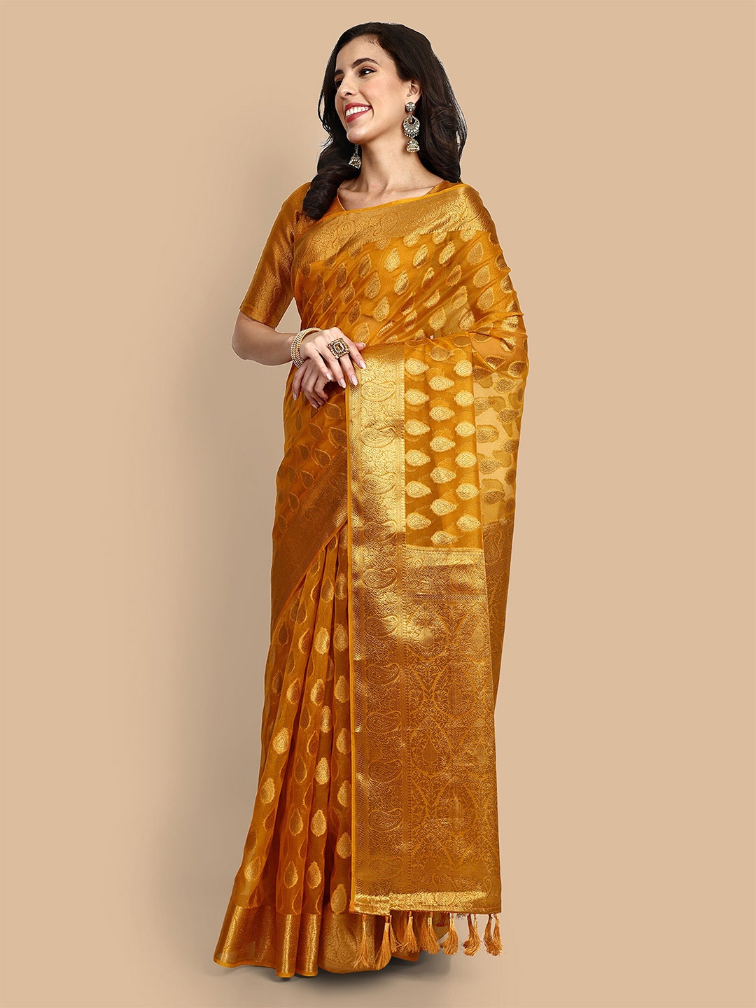 

Vardha Floral Woven Design Zari Banarasi Saree, Yellow