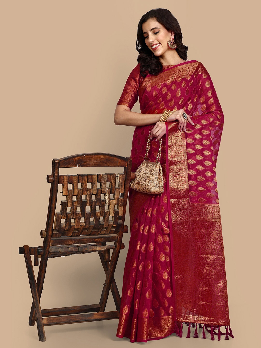 

Vardha Ethnic Motif Woven Design Zari Organza Banarasi Saree, Pink
