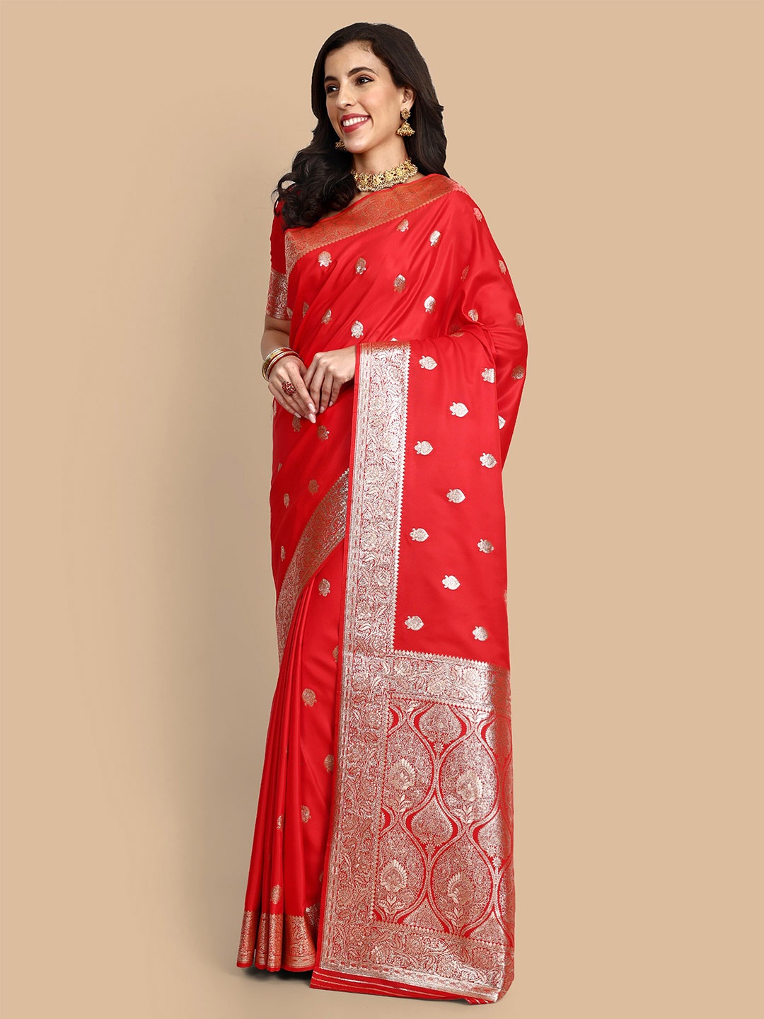 

Vardha Ethnic Motifs Woven Design Zari Satin Silk Banarasi Saree, Red
