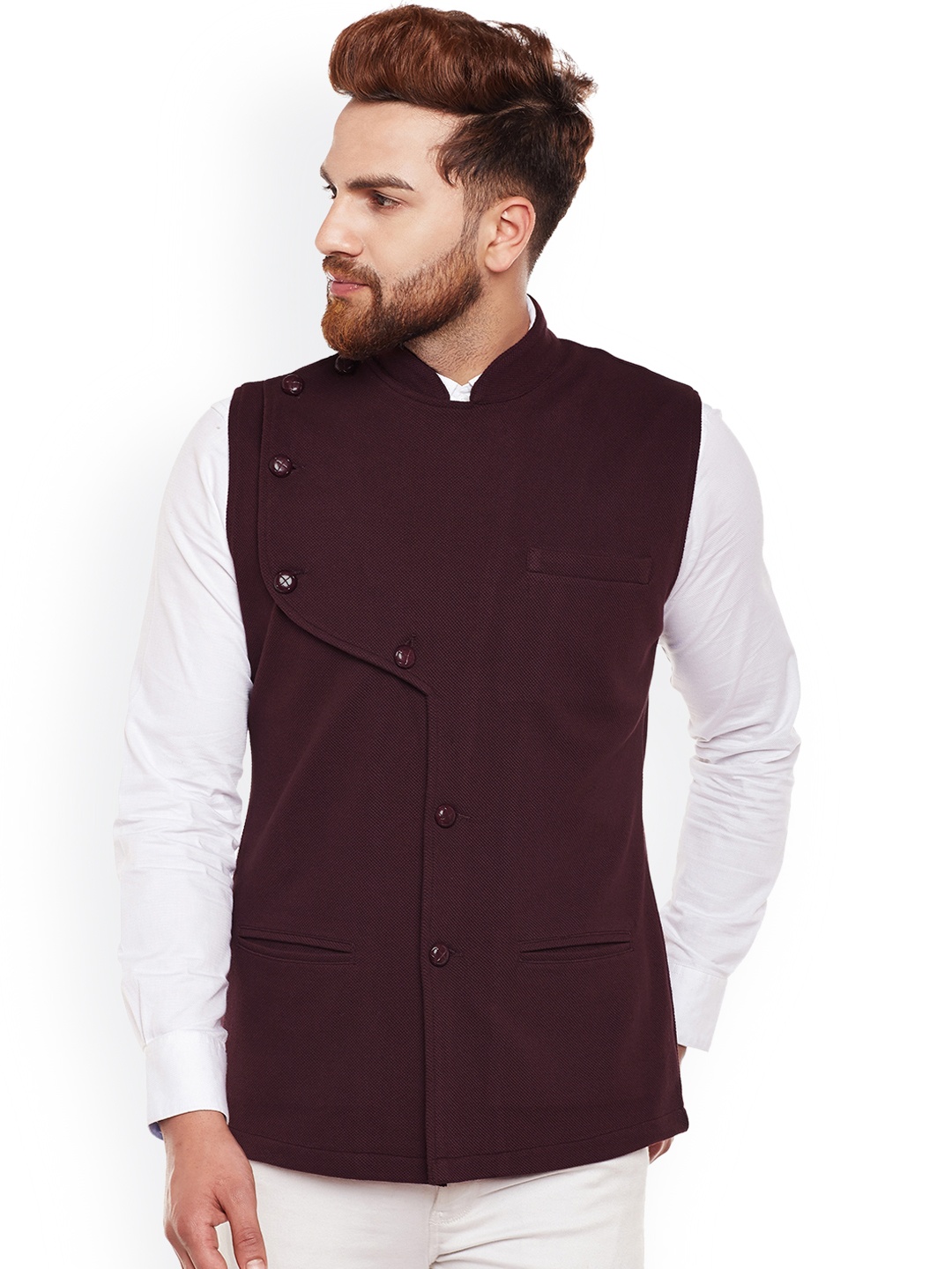 

Hypernation Men Brown Single-Breasted Nehru Jacket