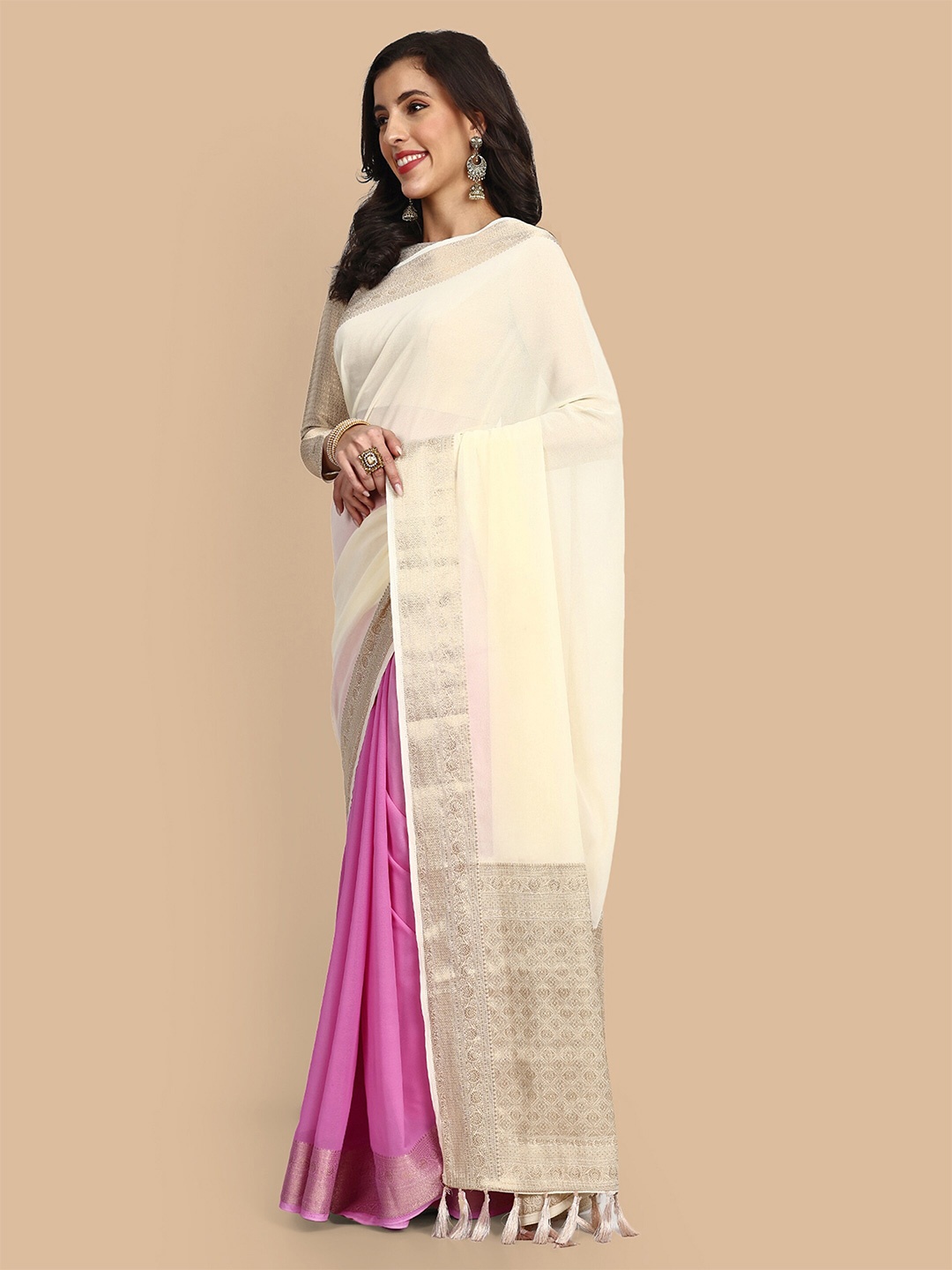 

Vardha Zari Pure Georgette Banarasi Saree, Off white
