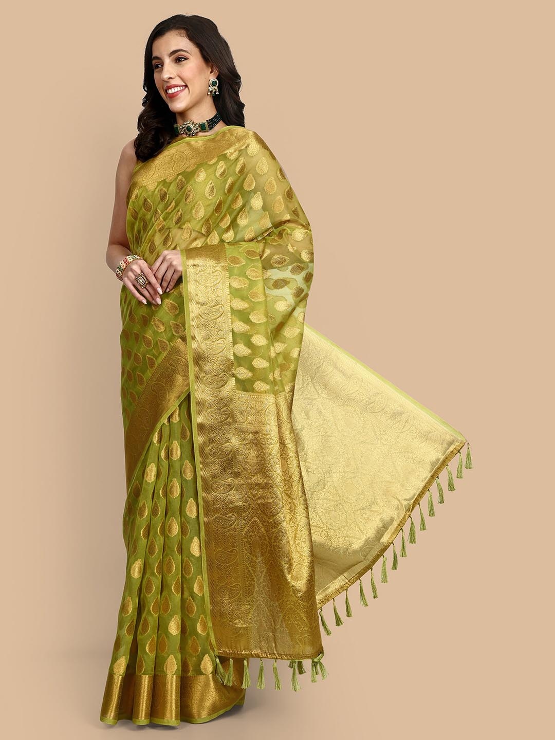 

Vardha Floral Woven Design Zari Banarasi Saree, Green
