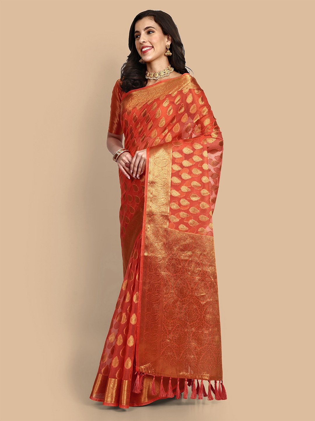 

Vardha Ethnic Motifs Woven Design Zari Organza Banarasi Saree, Peach