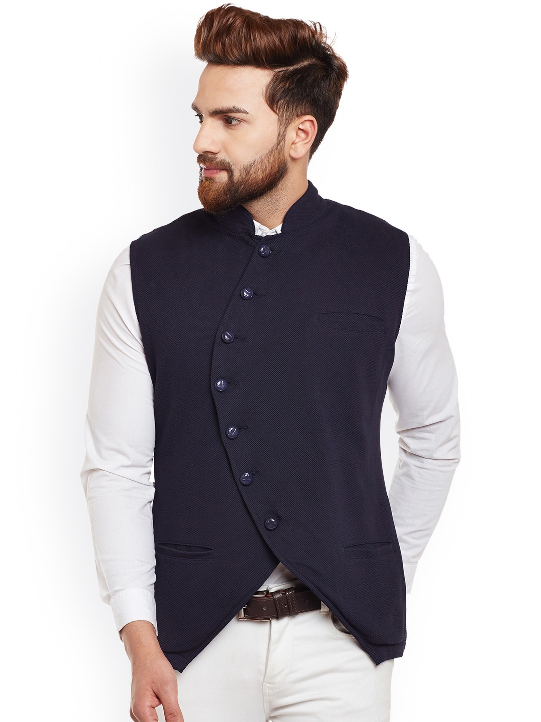 

Hypernation Men Navy Blue Single-Breasted Nehru Jacket