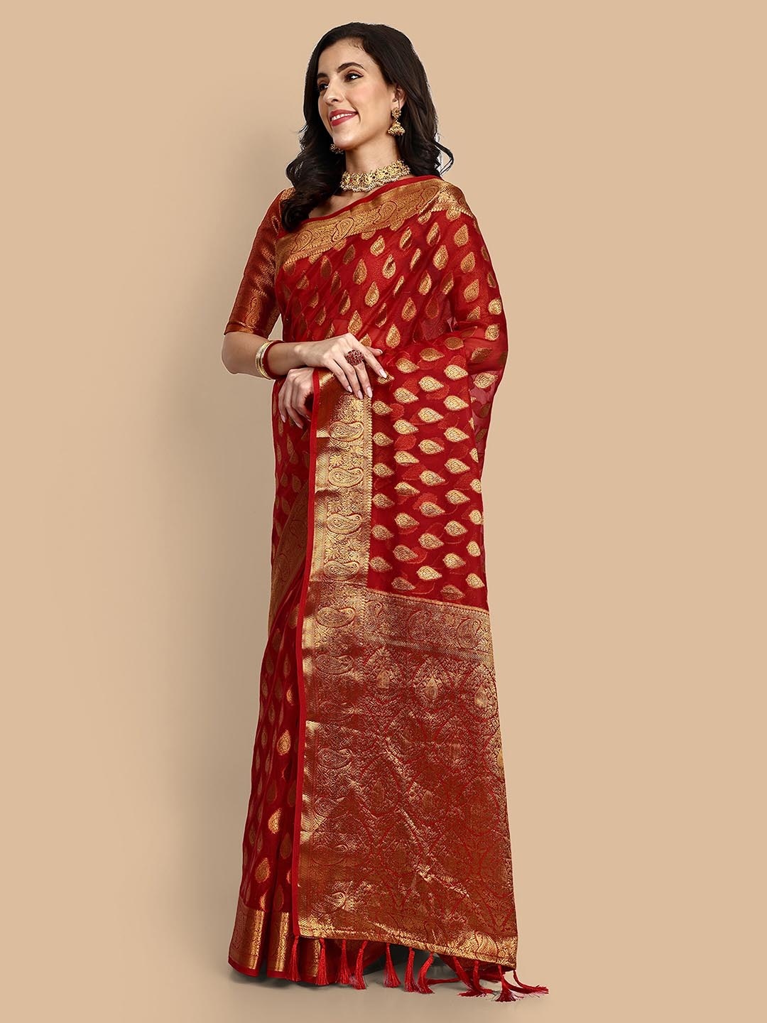 

Vardha Ethnic Motif Woven Design Zari Organza Banarasi Saree, Red