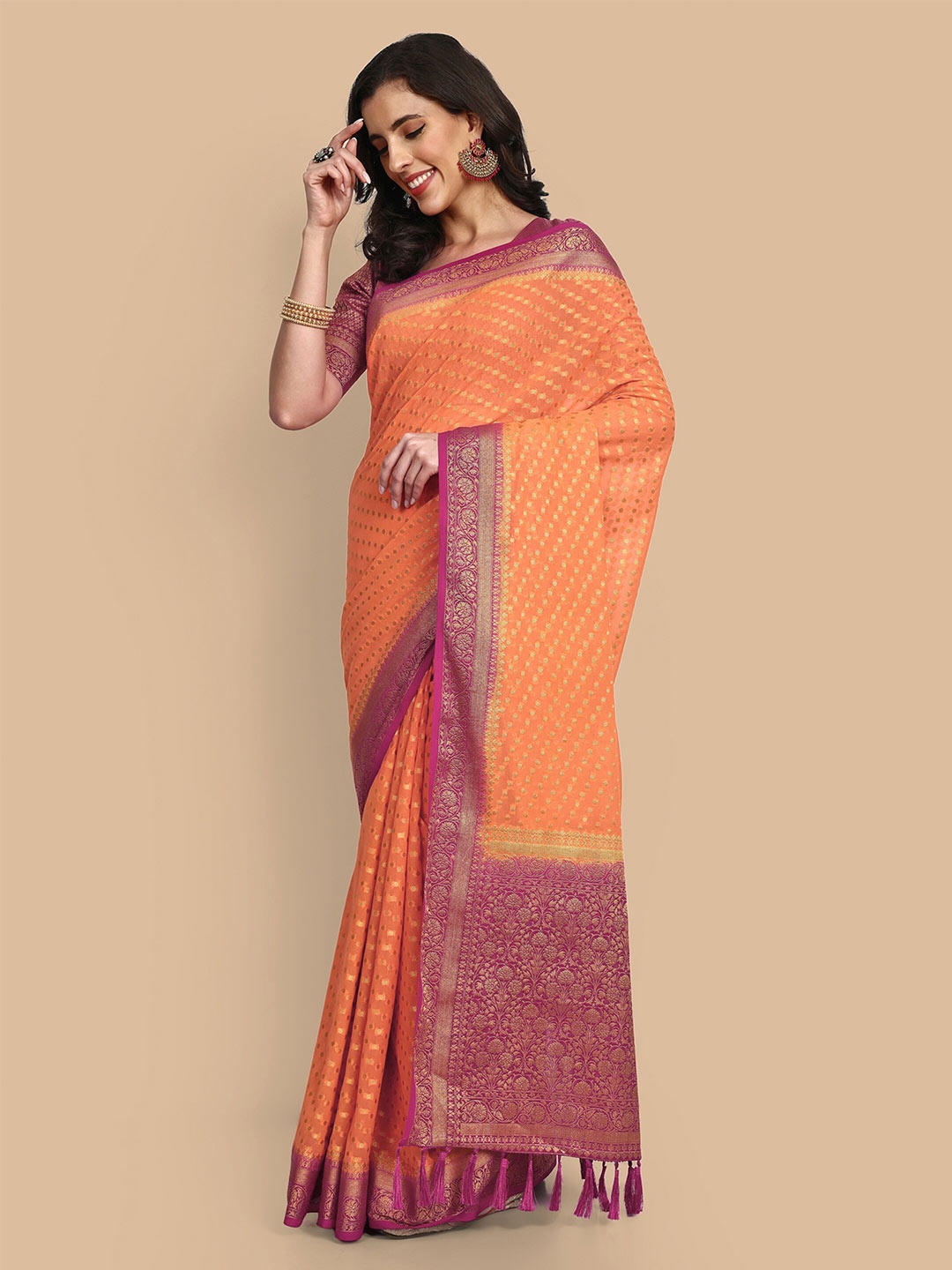 

Vardha Ethnic Motifs Woven Design Zari Pure Georgette Banarasi Saree, Peach