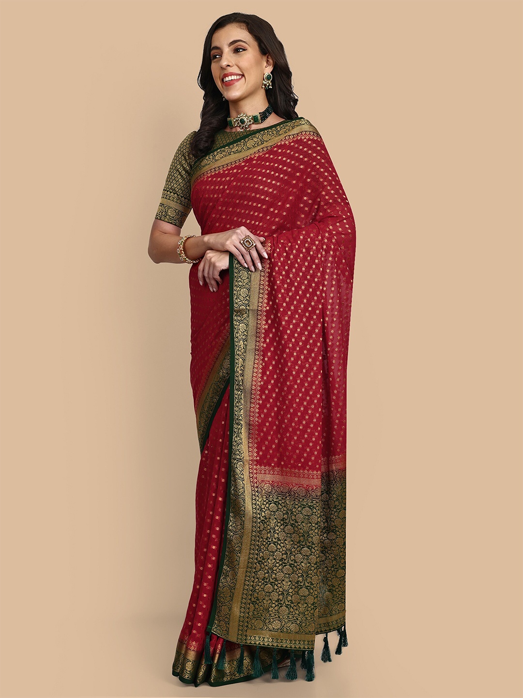 

Vardha Ethnic Motifs Woven Design Zari Pure Georgette Banarasi Saree, Red