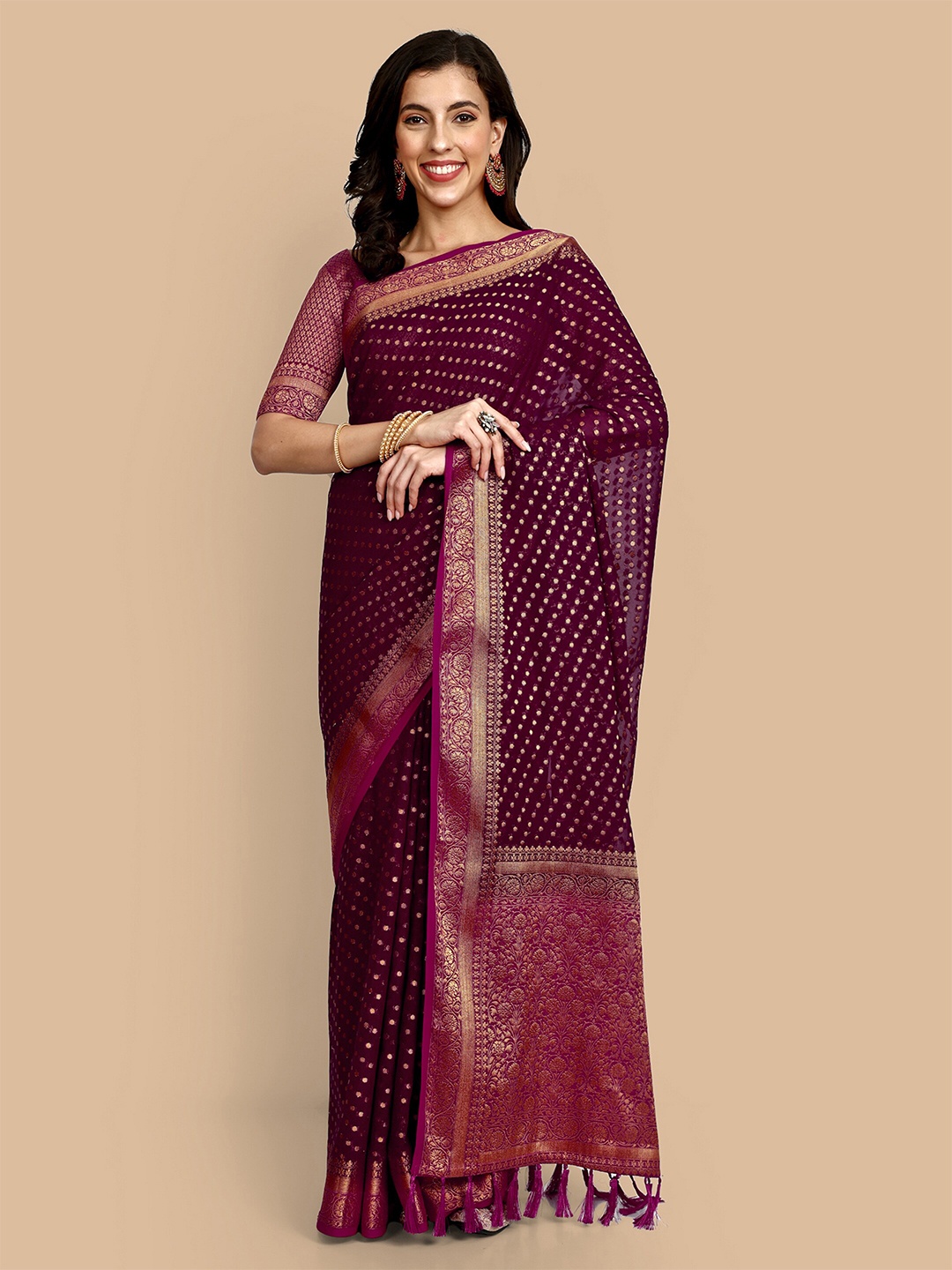 

Vardha Ethnic Motif Woven Design Zari Pure Georgette Banarasi Saree, Maroon