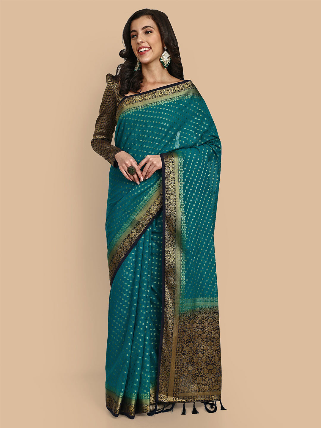 

Vardha Floral Woven Design Zari Banarasi Saree, Teal