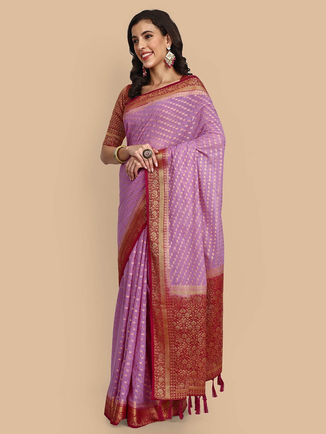 

Vardha Ethnic Motifs Woven Design Zari Pure Georgette Banarasi Saree, Pink