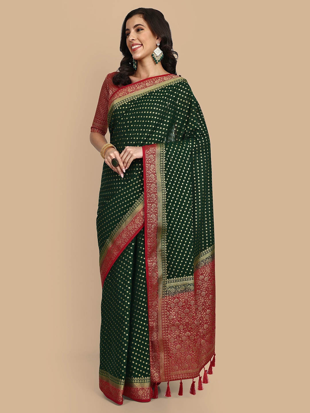 

Vardha Ethnic Motif Woven Design Zari Pure Georgette Banarasi Saree, Green