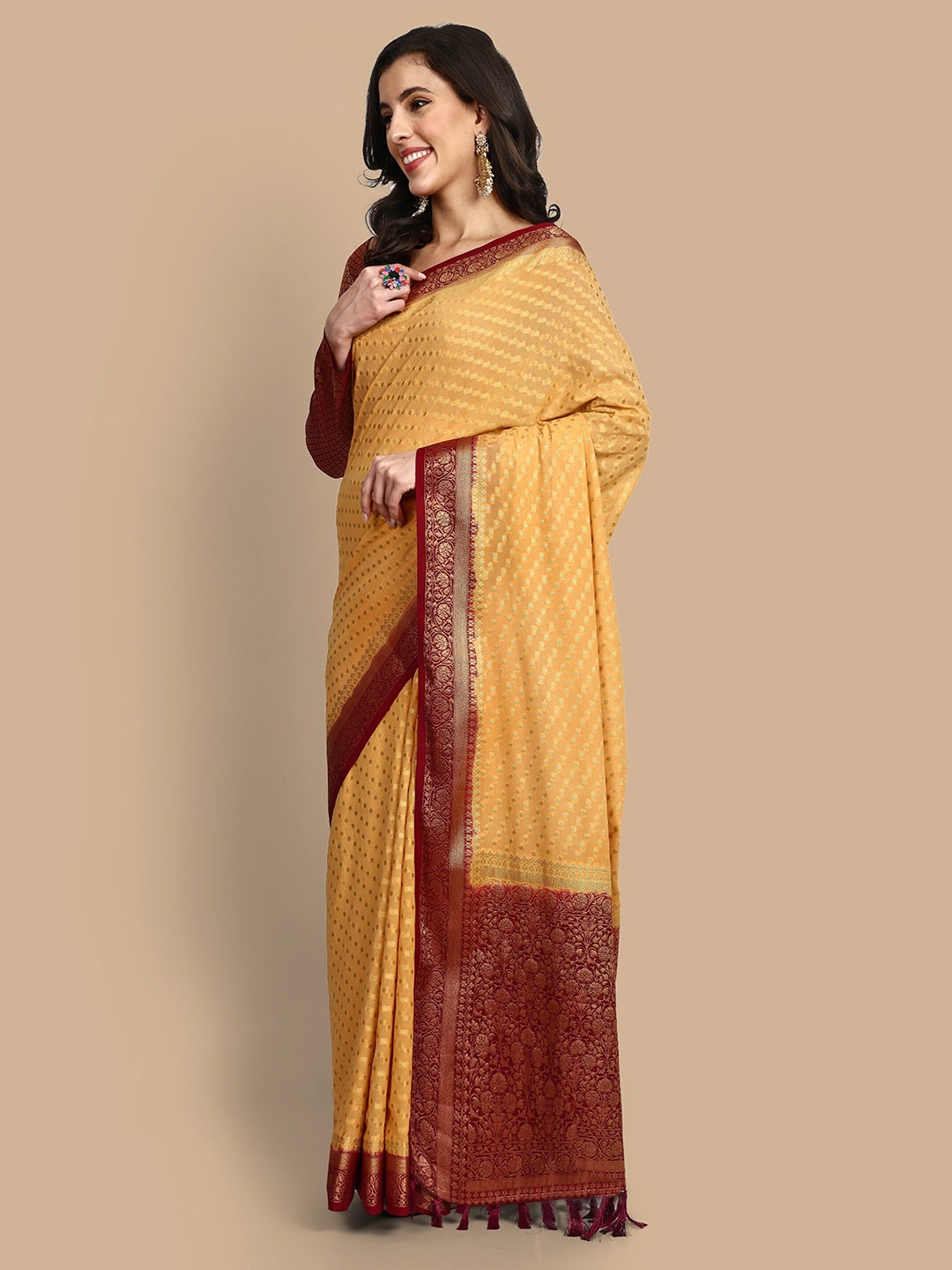 

Vardha Ethnic Motif Woven Design Zari Pure Georgette Banarasi Saree, Beige