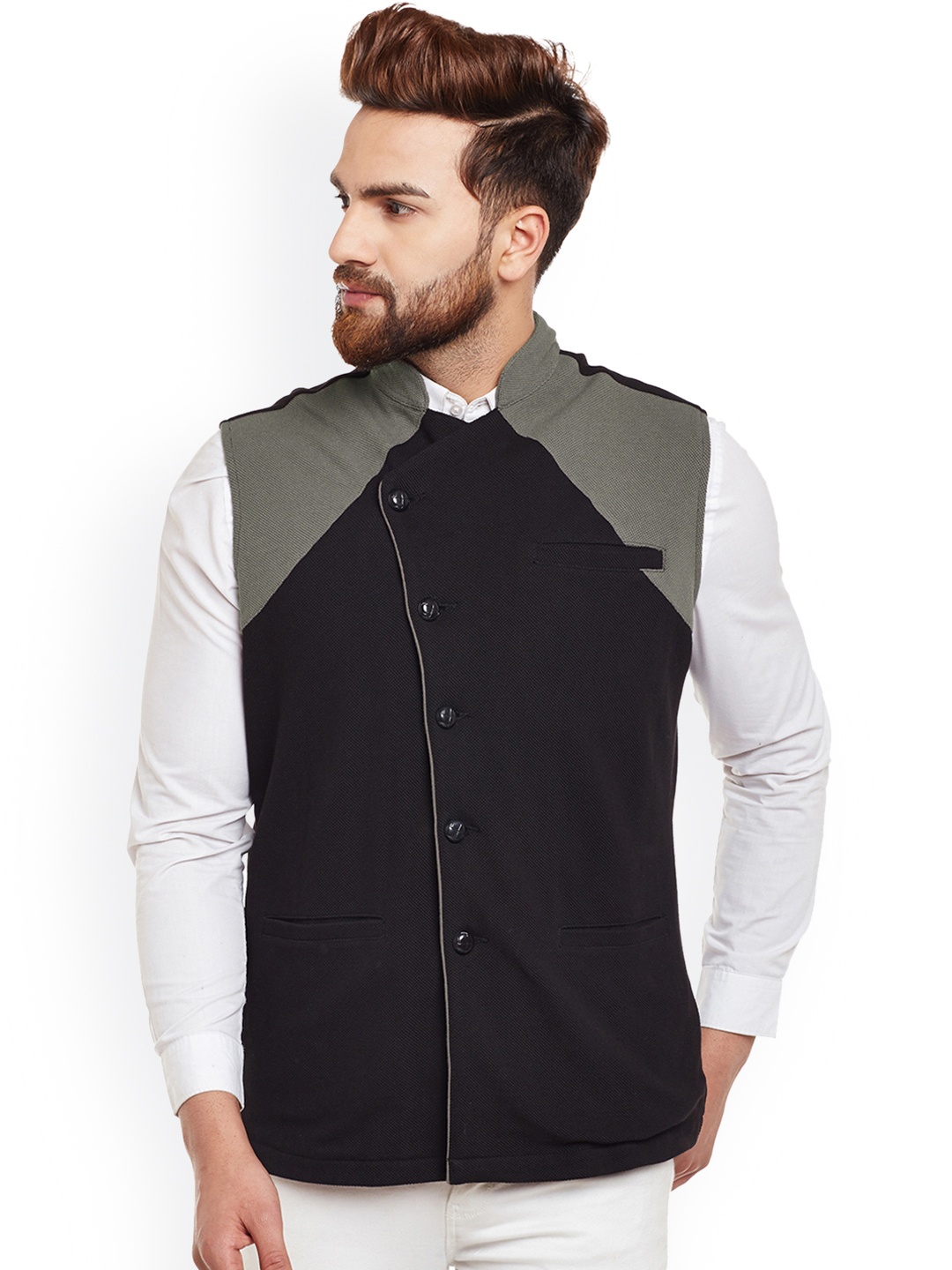 

Hypernation Men Black & Grey Single-Breasted Pure Cotton Waistcoat