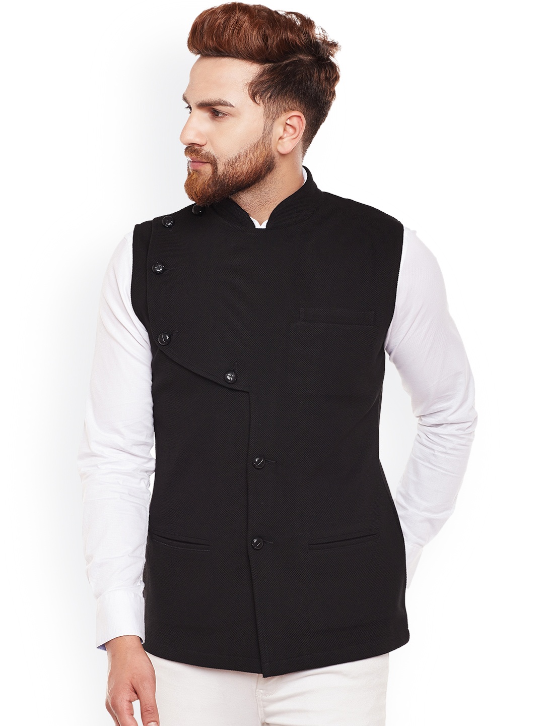 

Hypernation Men Black Single-Breasted Nehru Jacket
