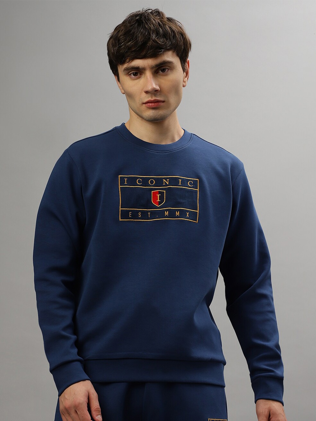 

Iconic Typography Embroidered Long Sleeves Pullover Sweatshirt, Navy blue