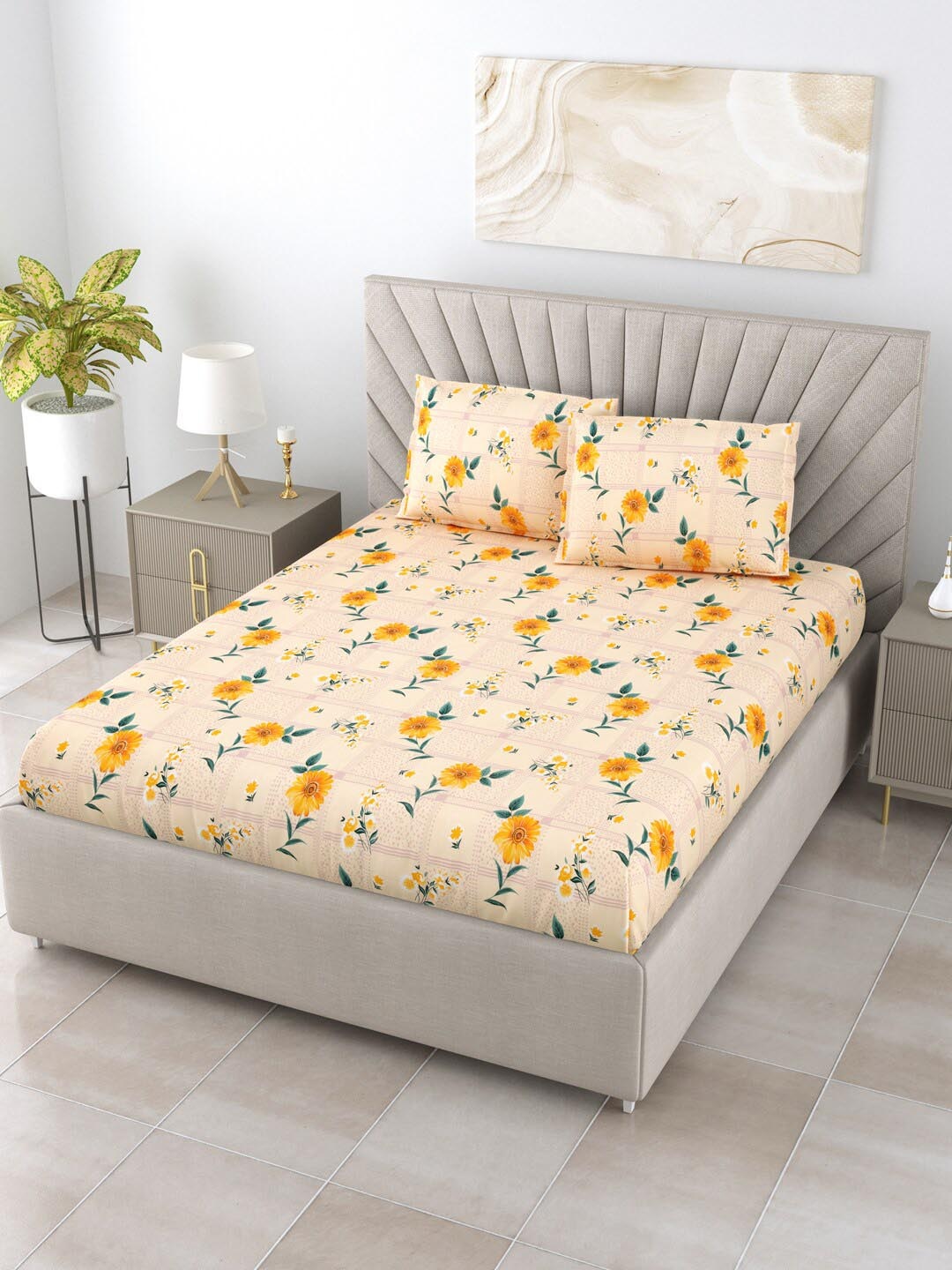 

BOMBAY DYEING Beige & Yellow Floral Pure Cotton 144 TC King Bedsheet with 2 Pillow Covers