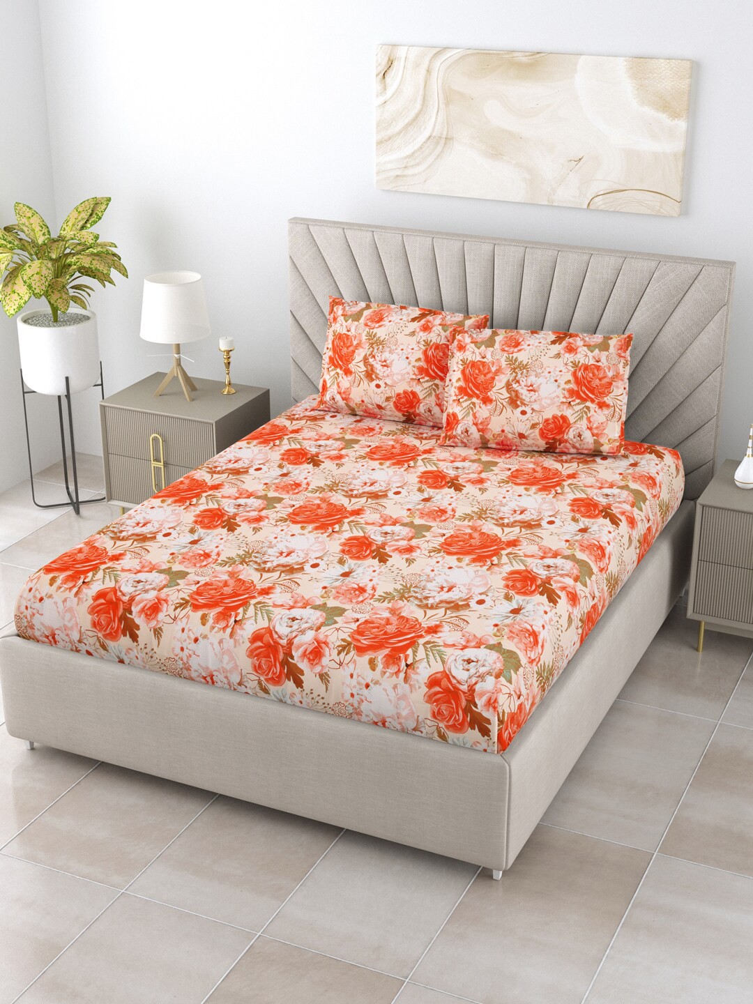

BOMBAY DYEING Pink & Orange Floral Pure Cotton 144 TC King Bedsheet with 2 Pillow Covers