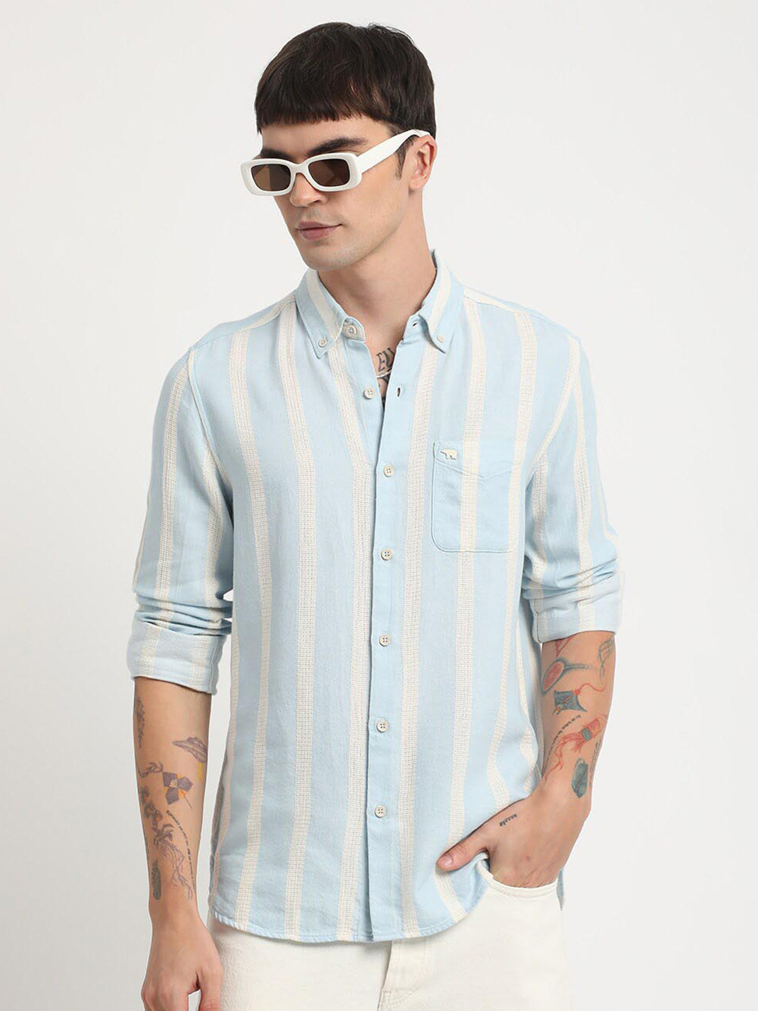 

THE BEAR HOUSE Verical Striped Slim Fit Cotton Casual Shirt, Blue
