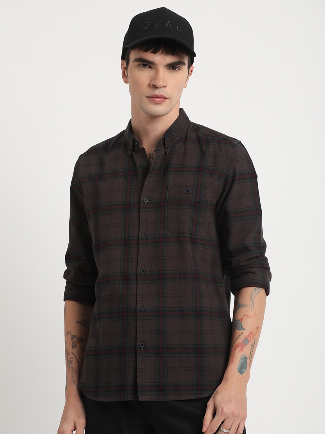 

THE BEAR HOUSE Tartan Checks Slim Fit Pure Cotton Casual Shirt, Brown