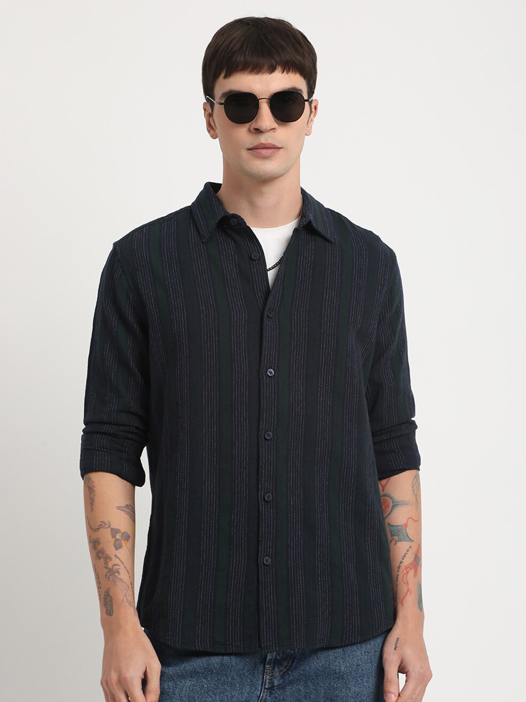 

THE BEAR HOUSE Striped Slim Fit Pure Cotton Casual Shirt, Blue