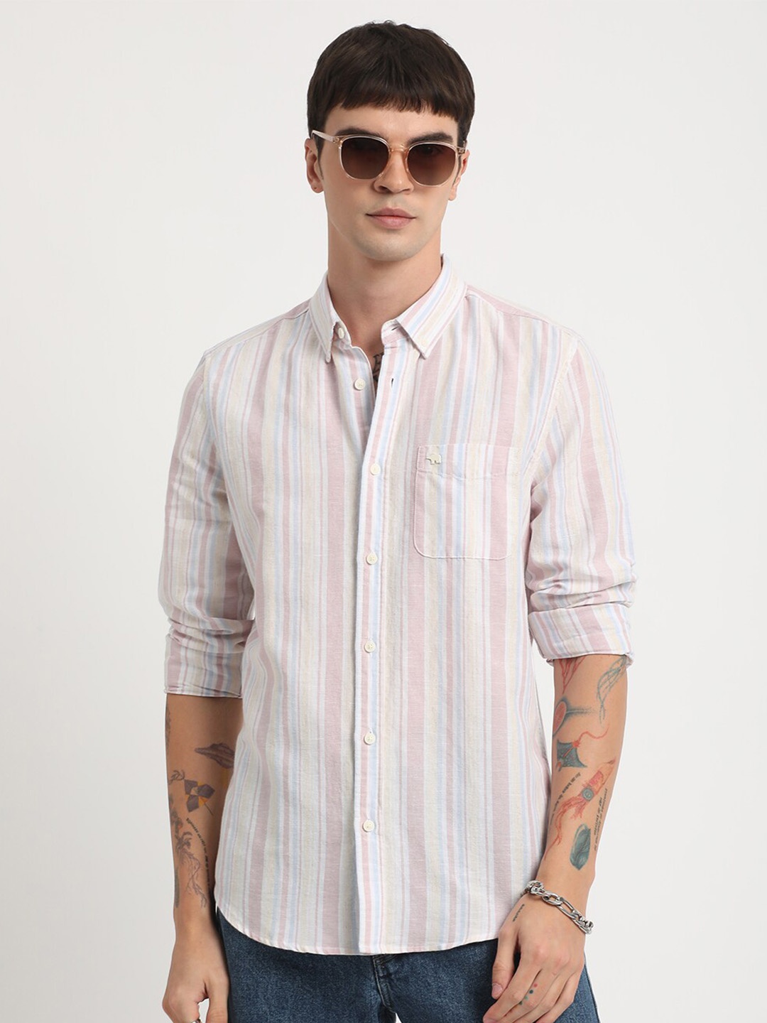 

THE BEAR HOUSE Slim Fit Striped Cotton Linen Casual Shirt, Pink