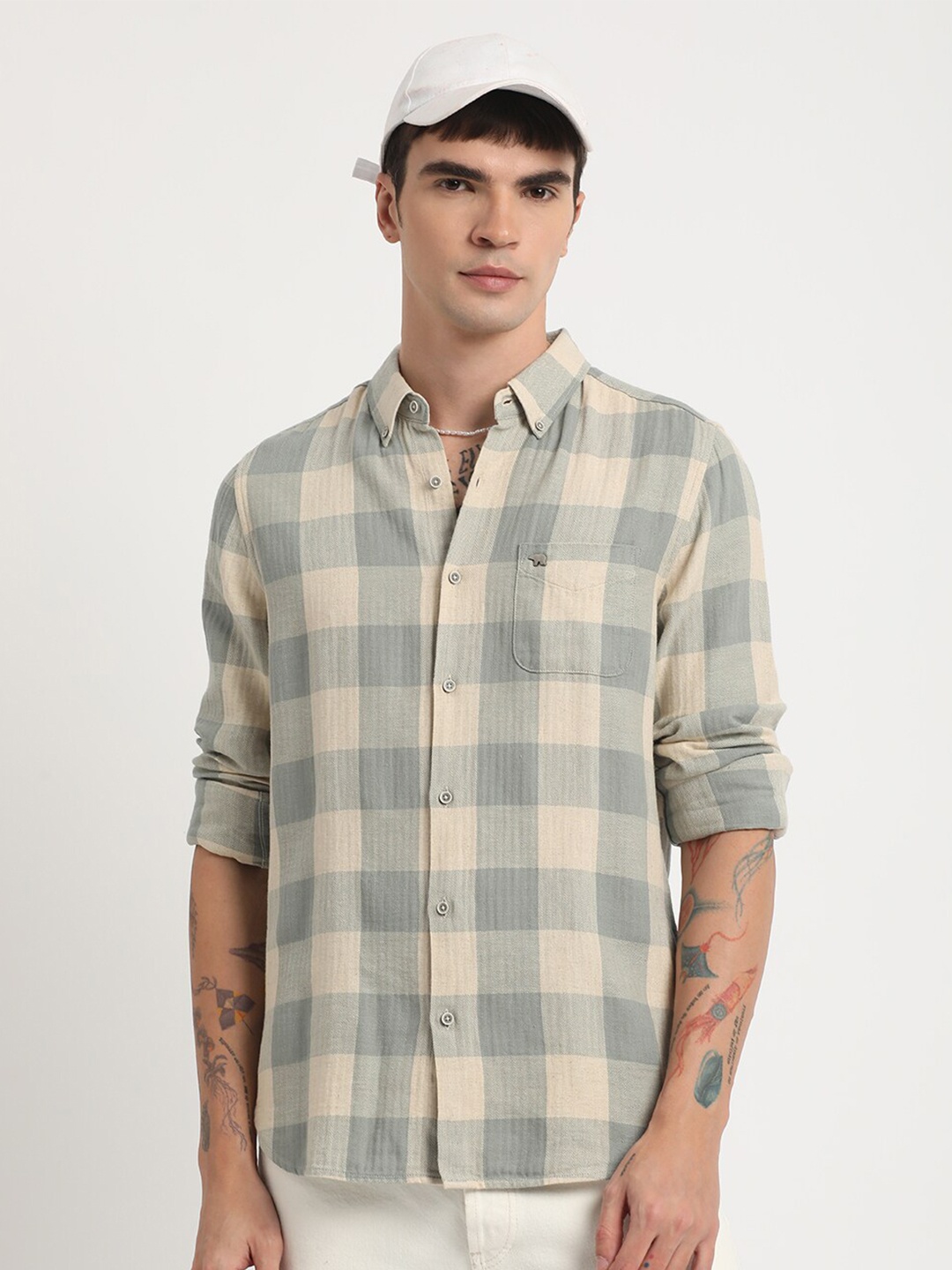 

THE BEAR HOUSE Slim Fit Buffalo Checked Cotton Linen Casual Shirt, Green