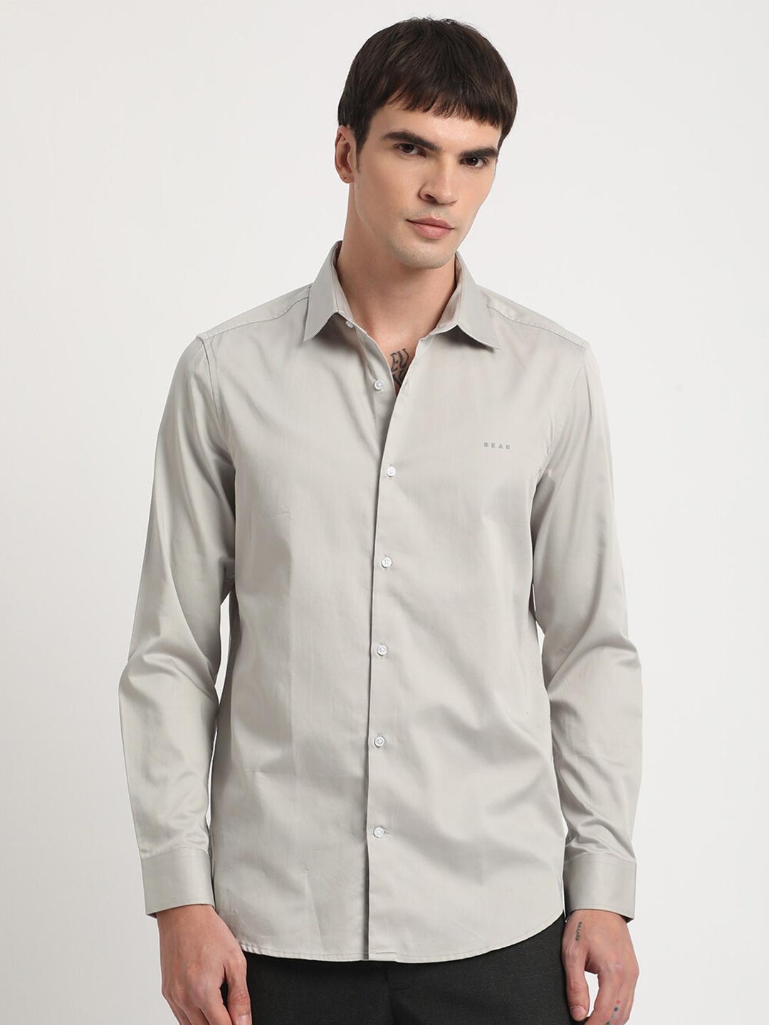 

THE BEAR HOUSE Spread Collar Cotton Slim Fit Formal Shirt, Grey