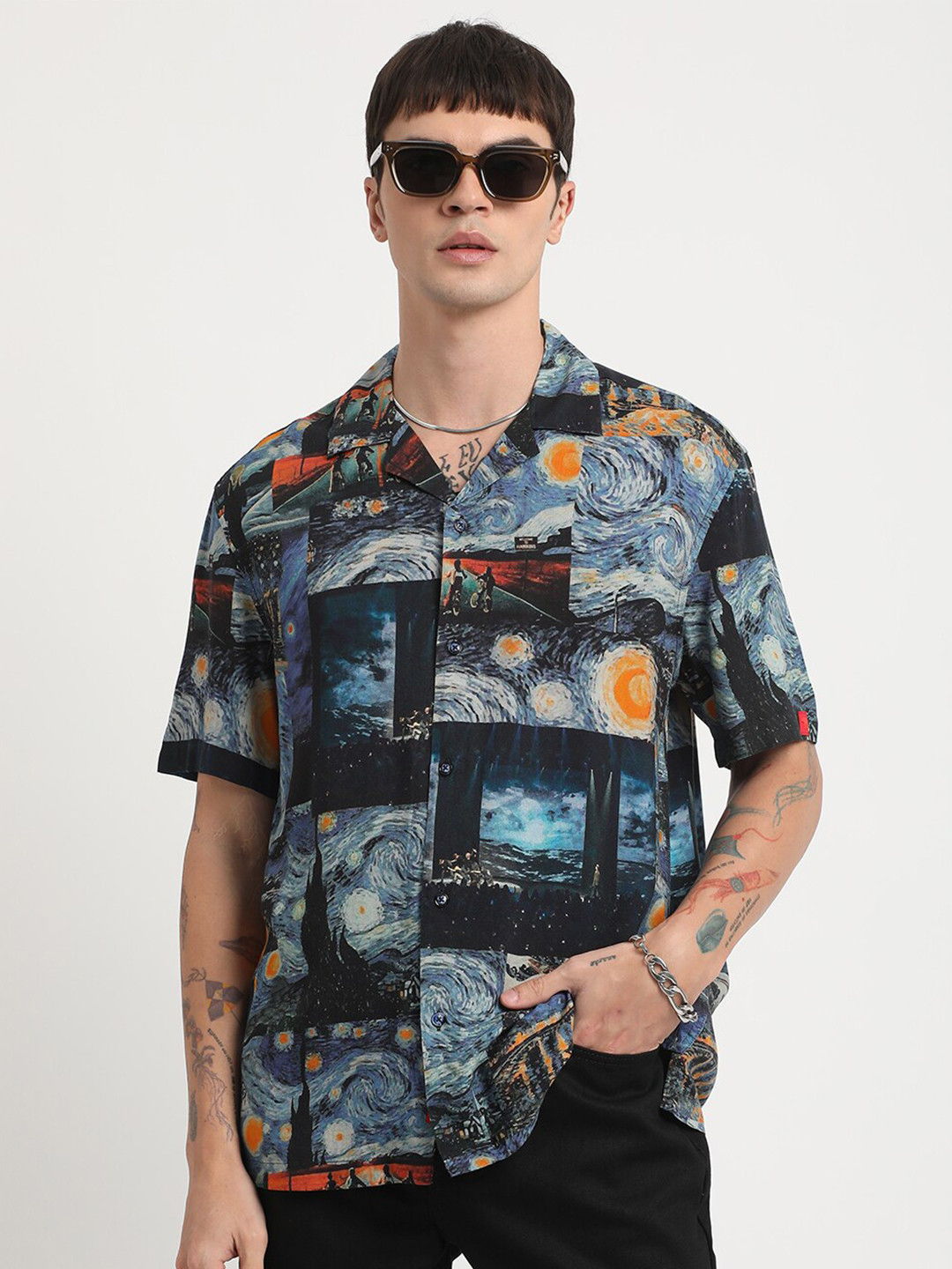 

THE BEAR HOUSE Graphic Printed Cuban Collar Casual Shirt, Multi