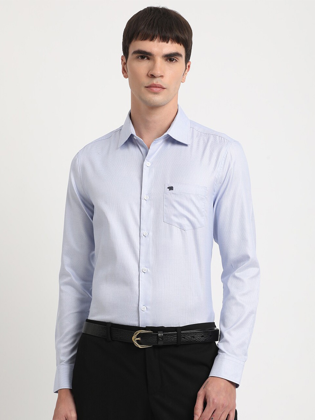 

THE BEAR HOUSE Textured Spread Collar Cotton Slim Fit Formal Shirt, Blue