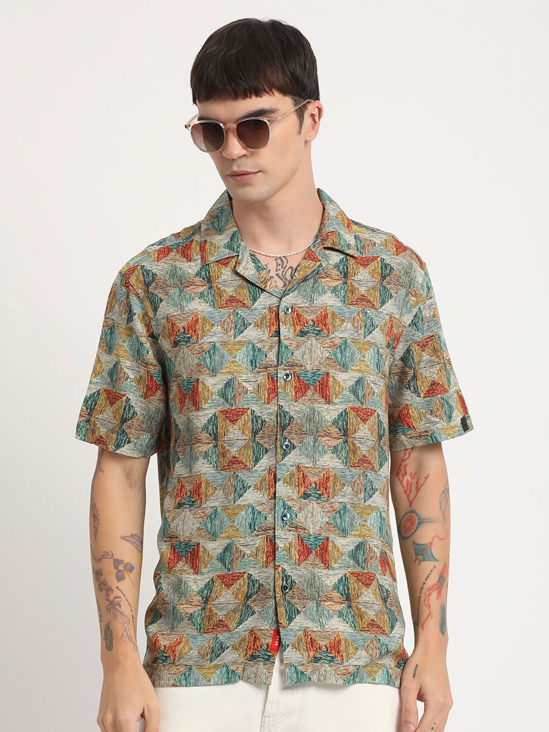 

THE BEAR HOUSE Geometric Printed Cuban Collar Casual Shirt, Blue