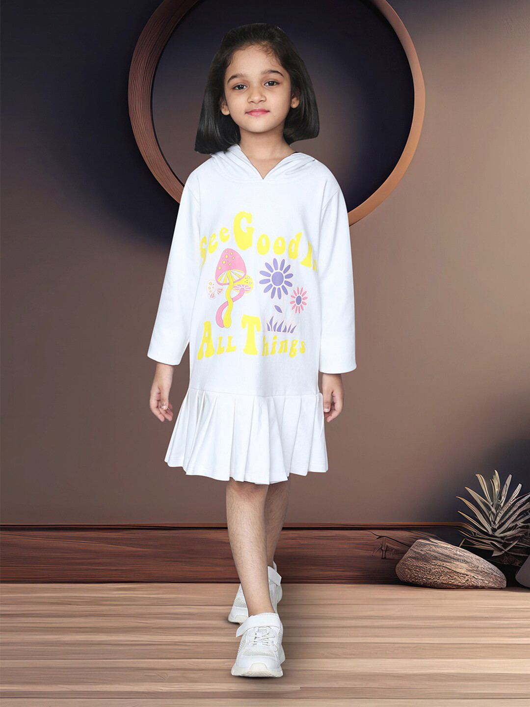 

ZIP ZAP ZOOP Girls Graphic Printed Hooded Cotton Drop-Waist Dress, White