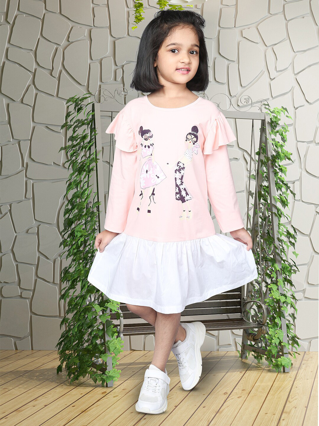 

ZIP ZAP ZOOP Girls Graphic Printed Flutter Sleeves Cotton A-line Knee Length Dress, Pink