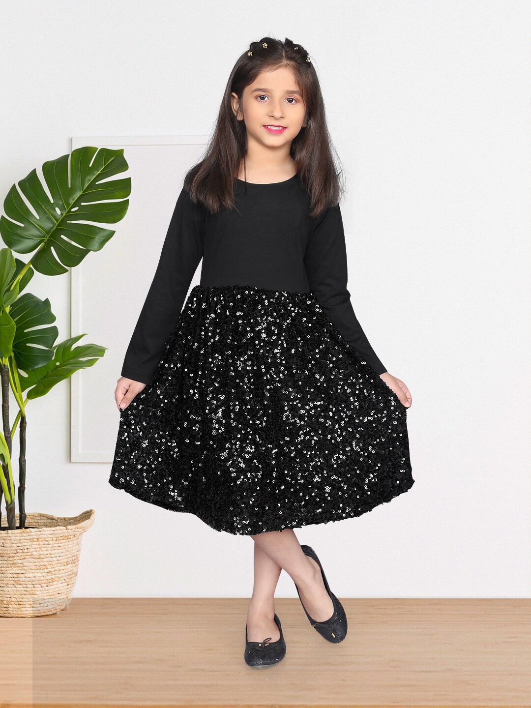 

ZIP ZAP ZOOP Girls Embellished Sequinned Pure Cotton A-Line Dress, Black