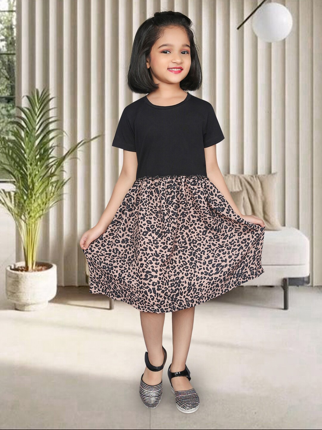 

ZIP ZAP ZOOP Girls Animal Printed Gathered Cotton A-Line Dress, Black