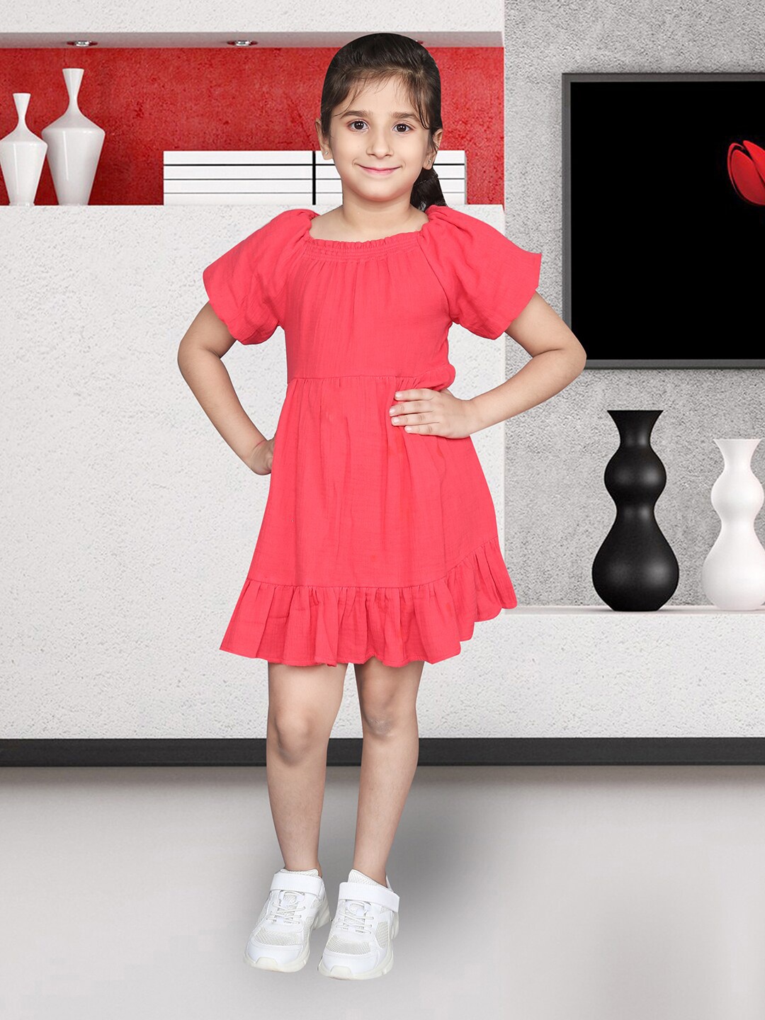 

ZIP ZAP ZOOP Girls Square Neck Puff Sleeves Cotton A-line Above Knee Dress, Red