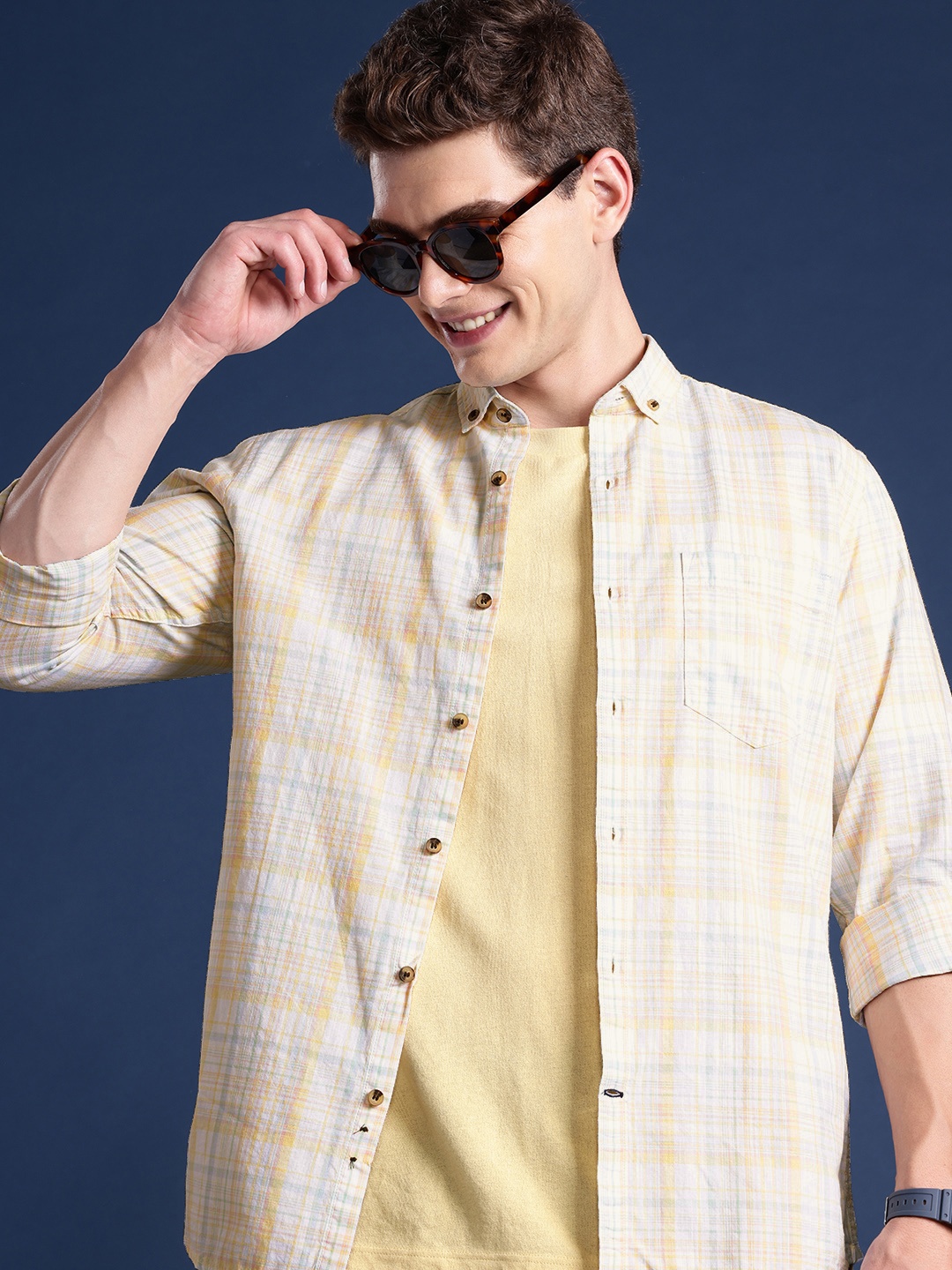 

Mast & Harbour Men Standard Checked Casual Shirt, Yellow