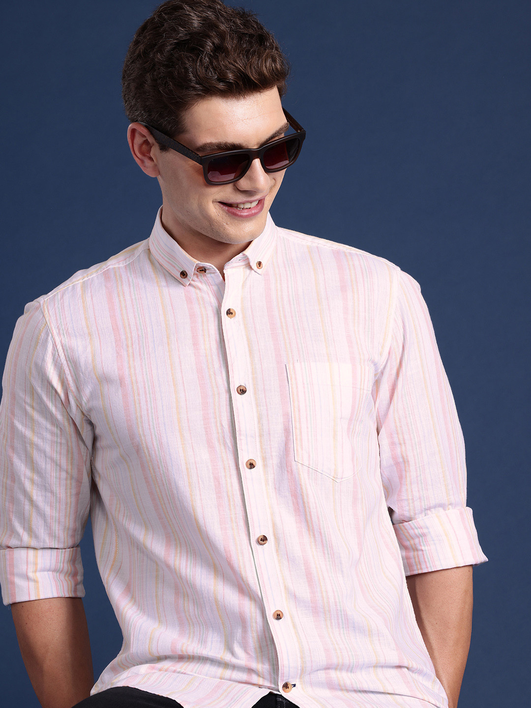 

Mast & Harbour Men Standard Striped Pure Cotton Casual Shirt, Pink