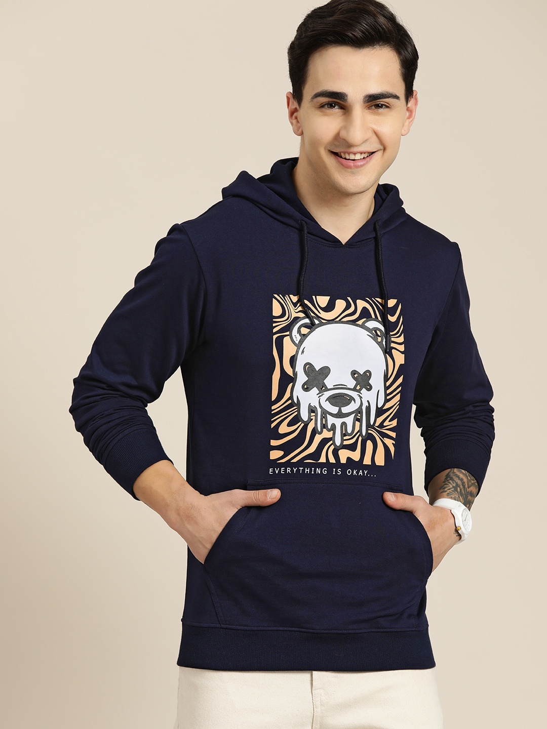 

HERE&NOW Men Printed Hooded Terry Sweatshirt, Navy blue