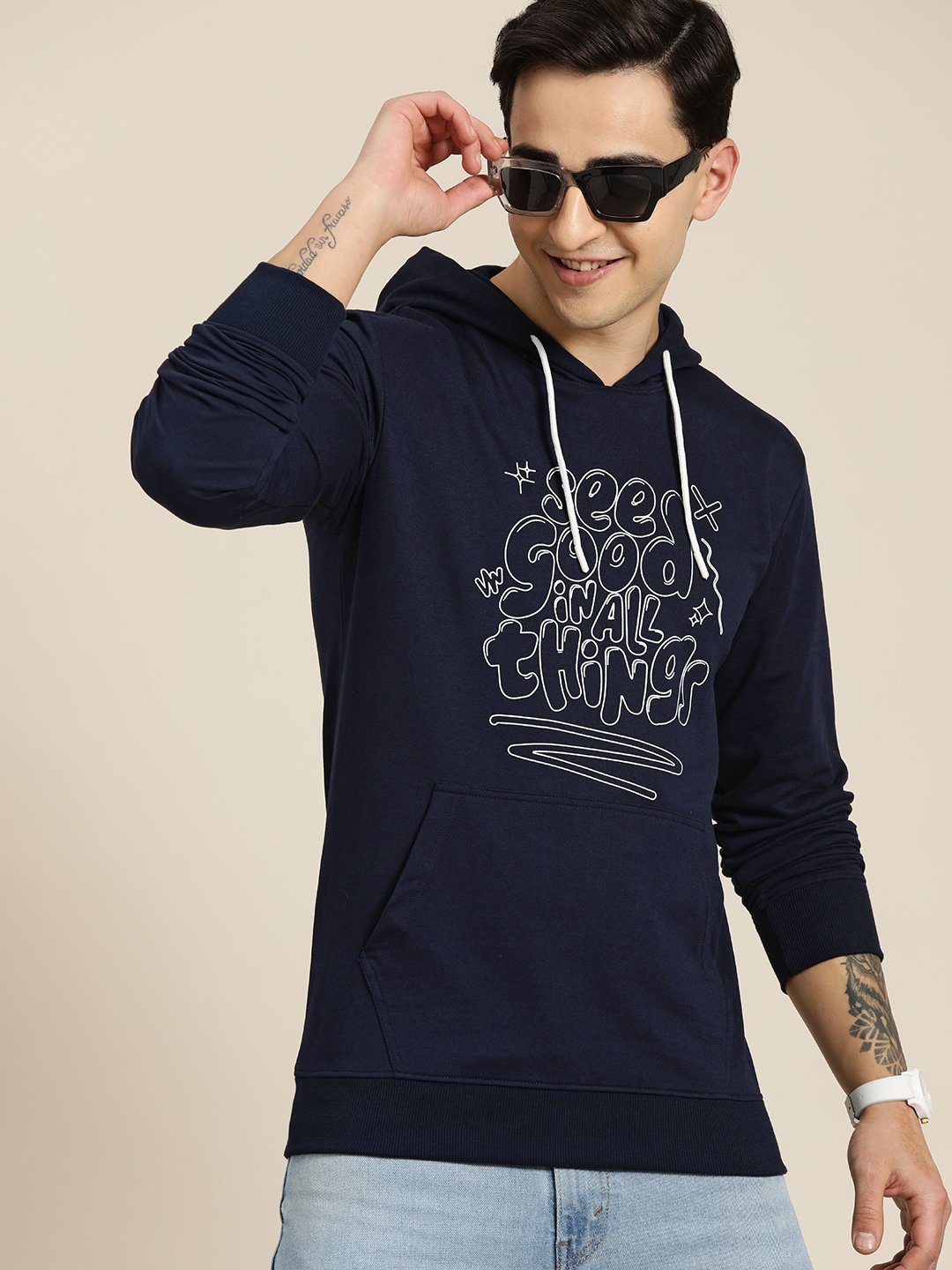 

HERE&NOW Men Printed Hooded Terry Sweatshirt, Navy blue