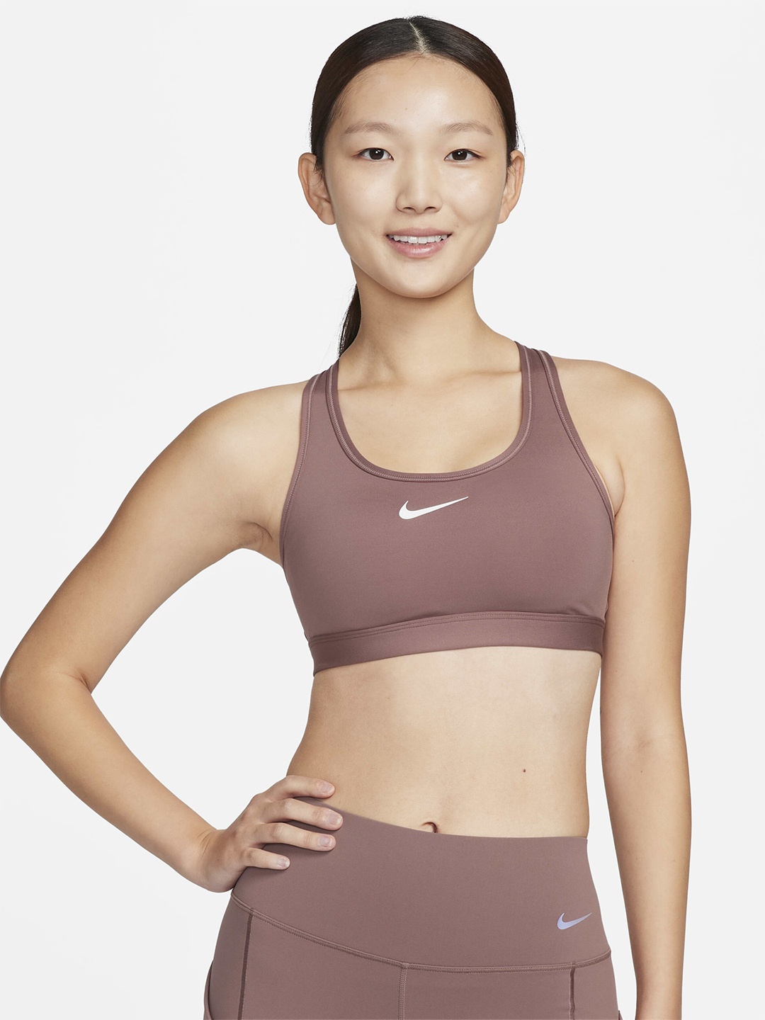 

Nike Swoosh Medium-Support Padded T-Strap Sports Workout Bra, Brown