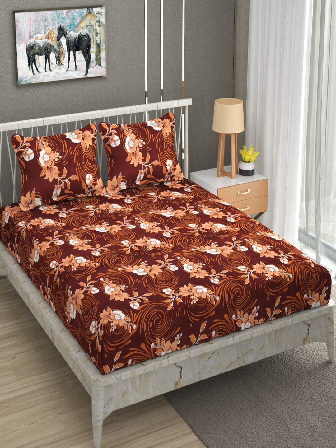 

Aura Mario Brown & White Floral 180 TC Queen Bedsheet with 2 Pillow Covers