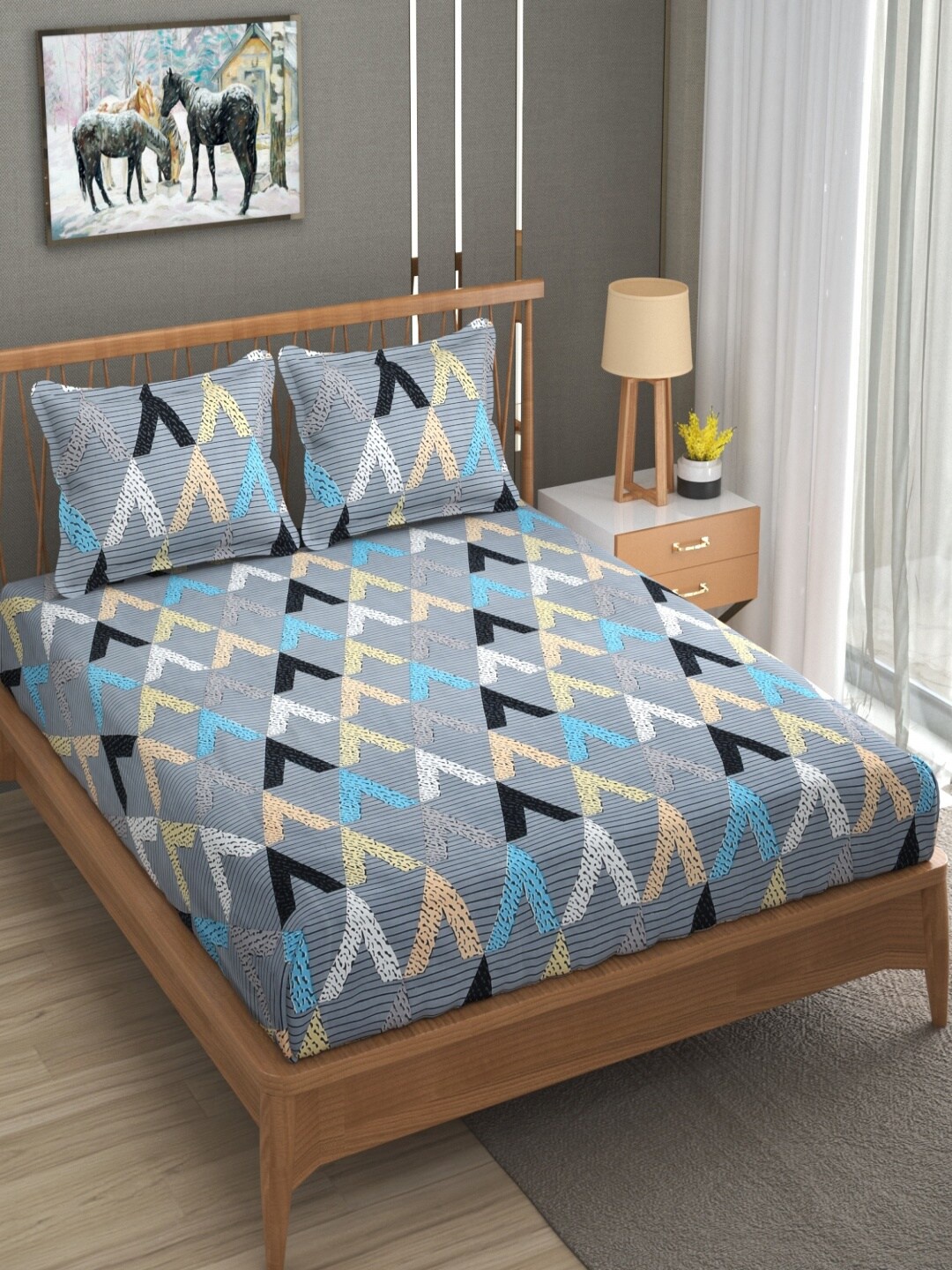 

Aura Mario Grey & Blue Geometric 180 TC Queen Bedsheet with 2 Pillow Covers