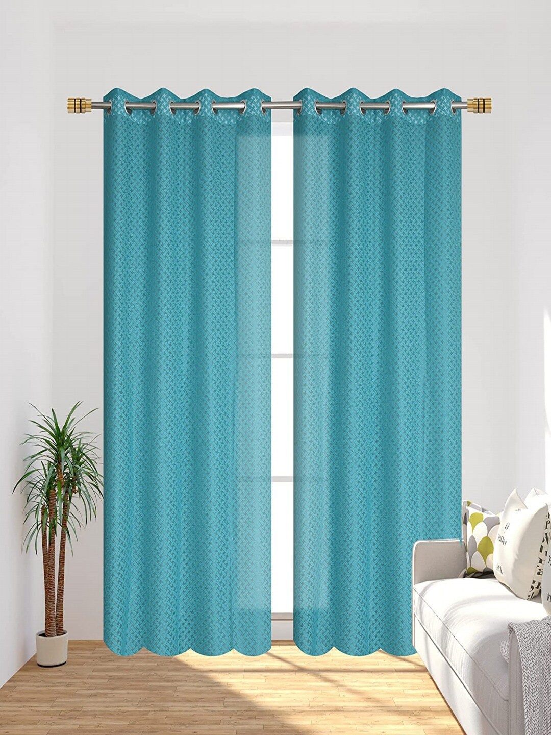 

Aura Turquoise Blue 2 Pieces Self Design Sheer Window Curtains