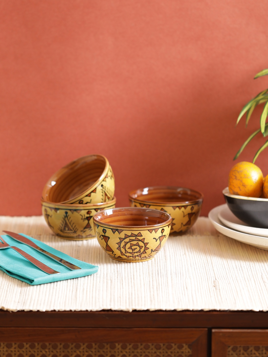 

VarEesha Camel Brown Set of 4 Printed Ceramic Warli Dessert Katori Bowls