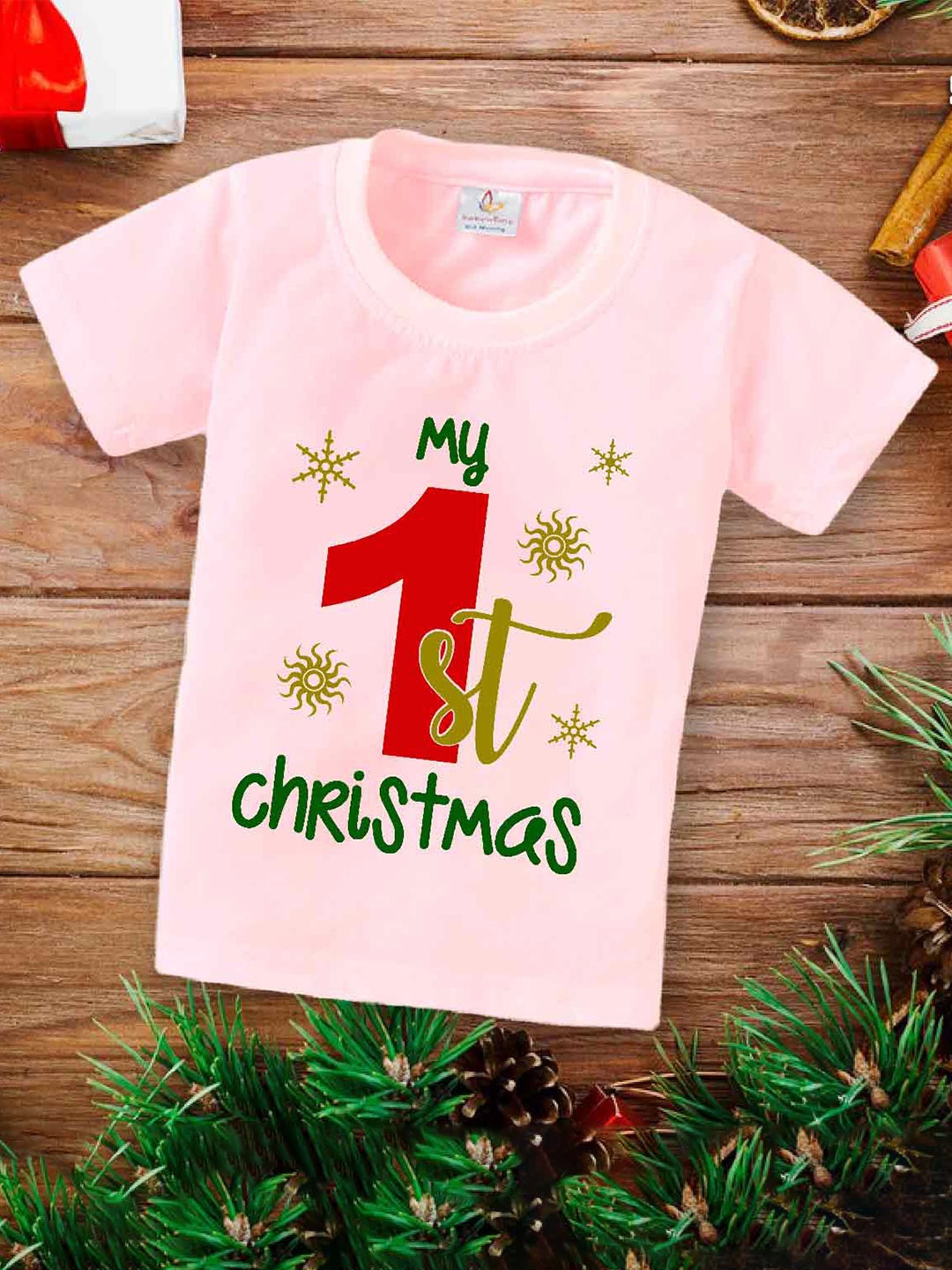 

Babywish Kids Relaxed Fit My 1st Christmas Printed Cotton T-shirt, Pink