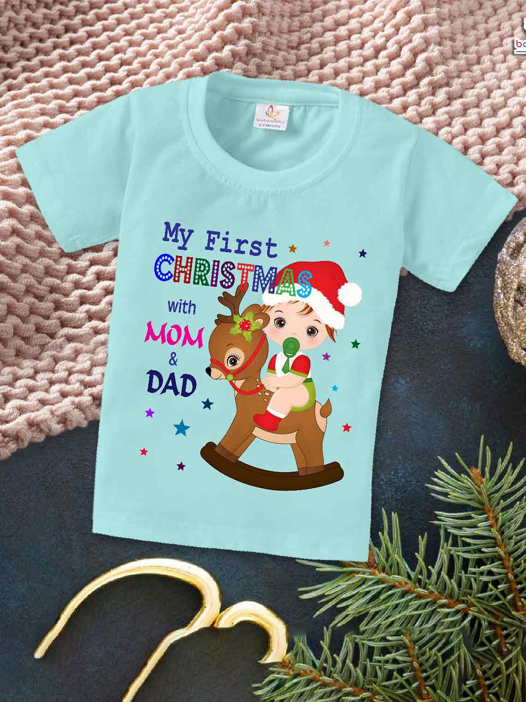 

Babywish Kids Relaxed Fit My First Christmas Printed Cotton T-shirt, Sea green