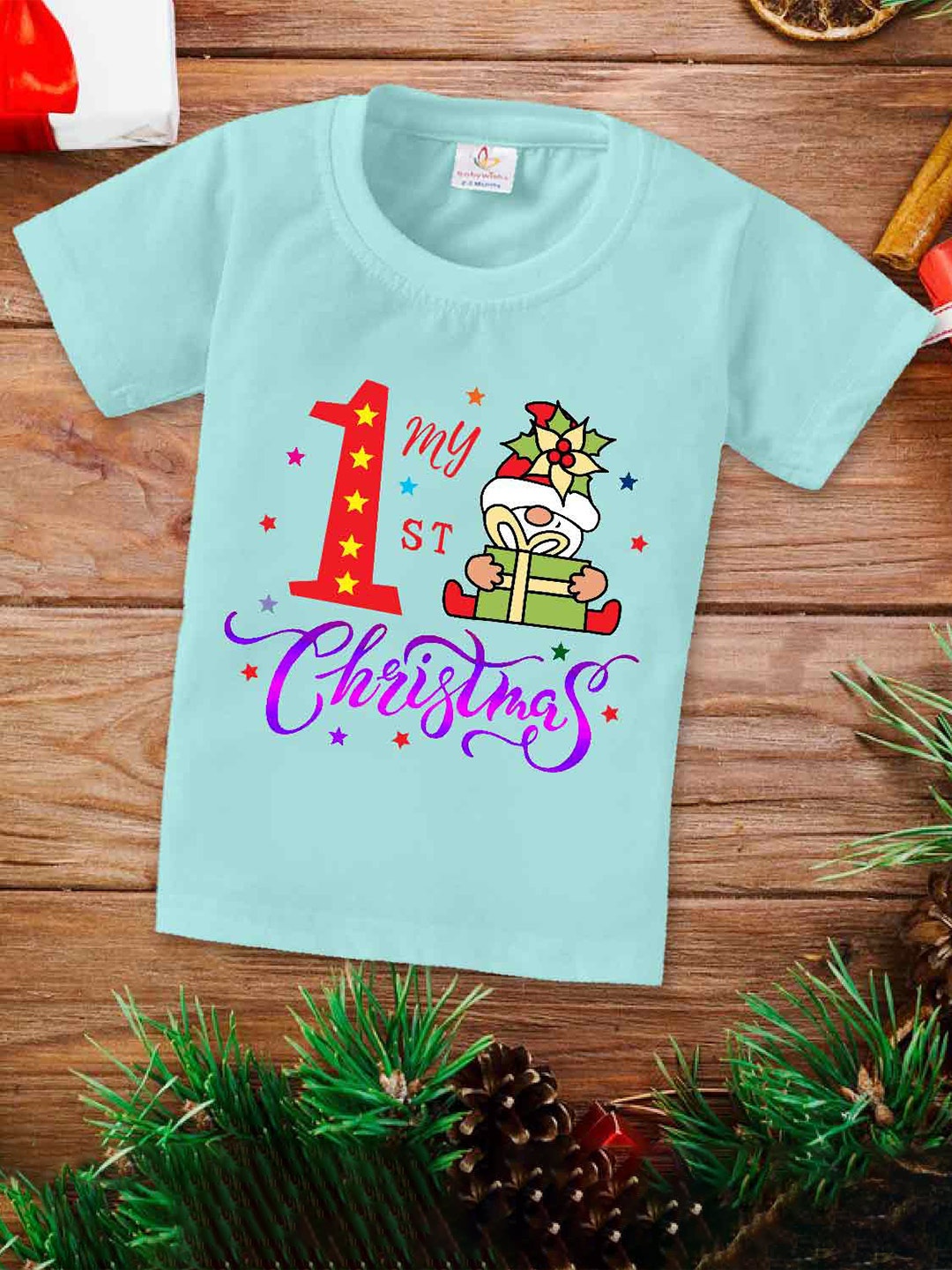 

Babywish Kids Relaxed Fit My 1st Christmas Printed Cotton T-shirt, Sea green