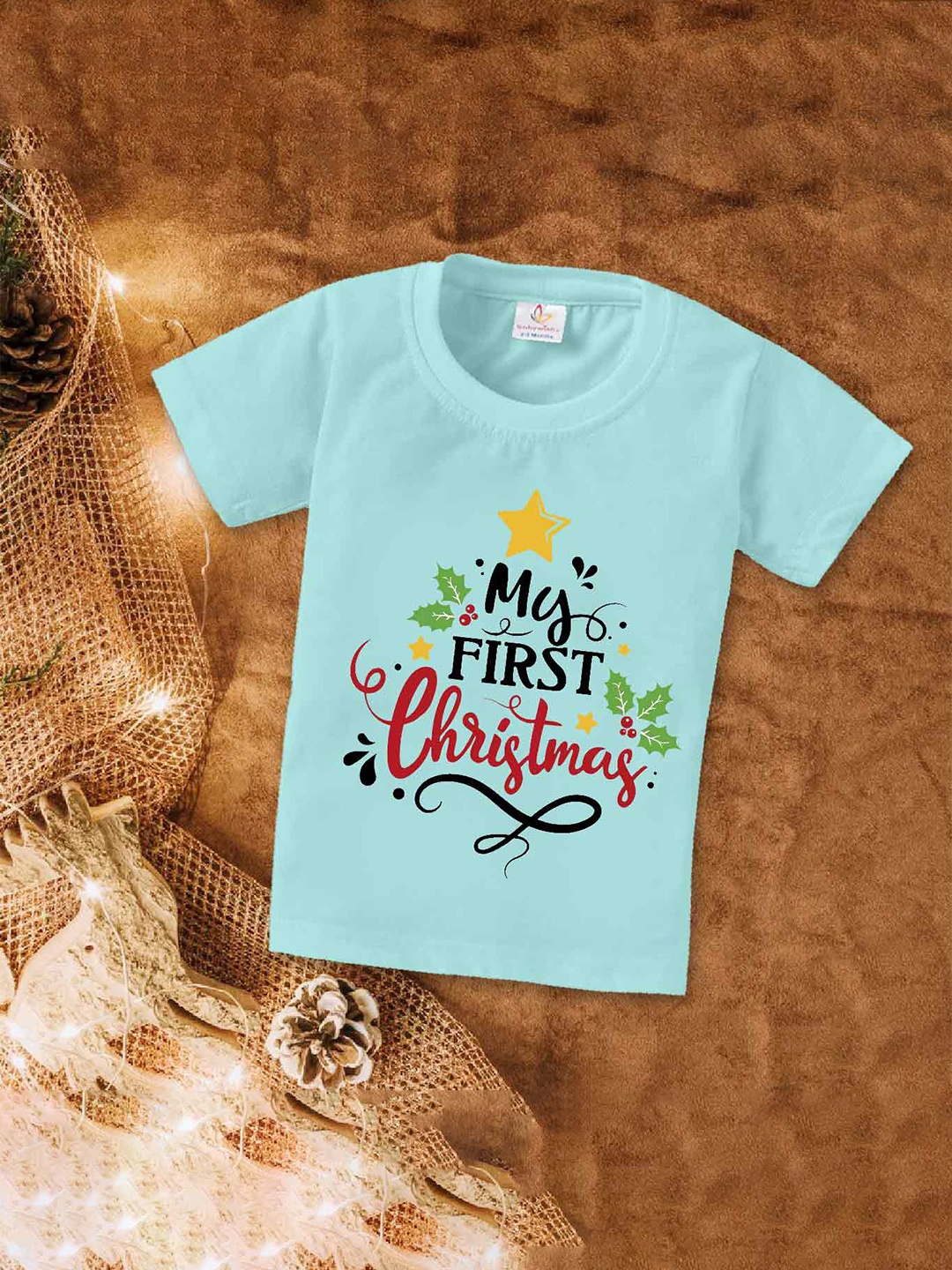 

Babywish Kids Relaxed Fit My First Christmas Printed Cotton T-shirt, Sea green